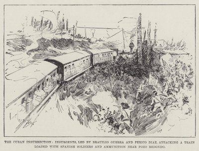 The Cuban Insurrection, Insurgents led by Brauilio Guerra and Perico Diaz attacking a Train loaded with Spanish Soldiers and Ammunition near Pozo Redondo by Henry Charles Seppings Wright